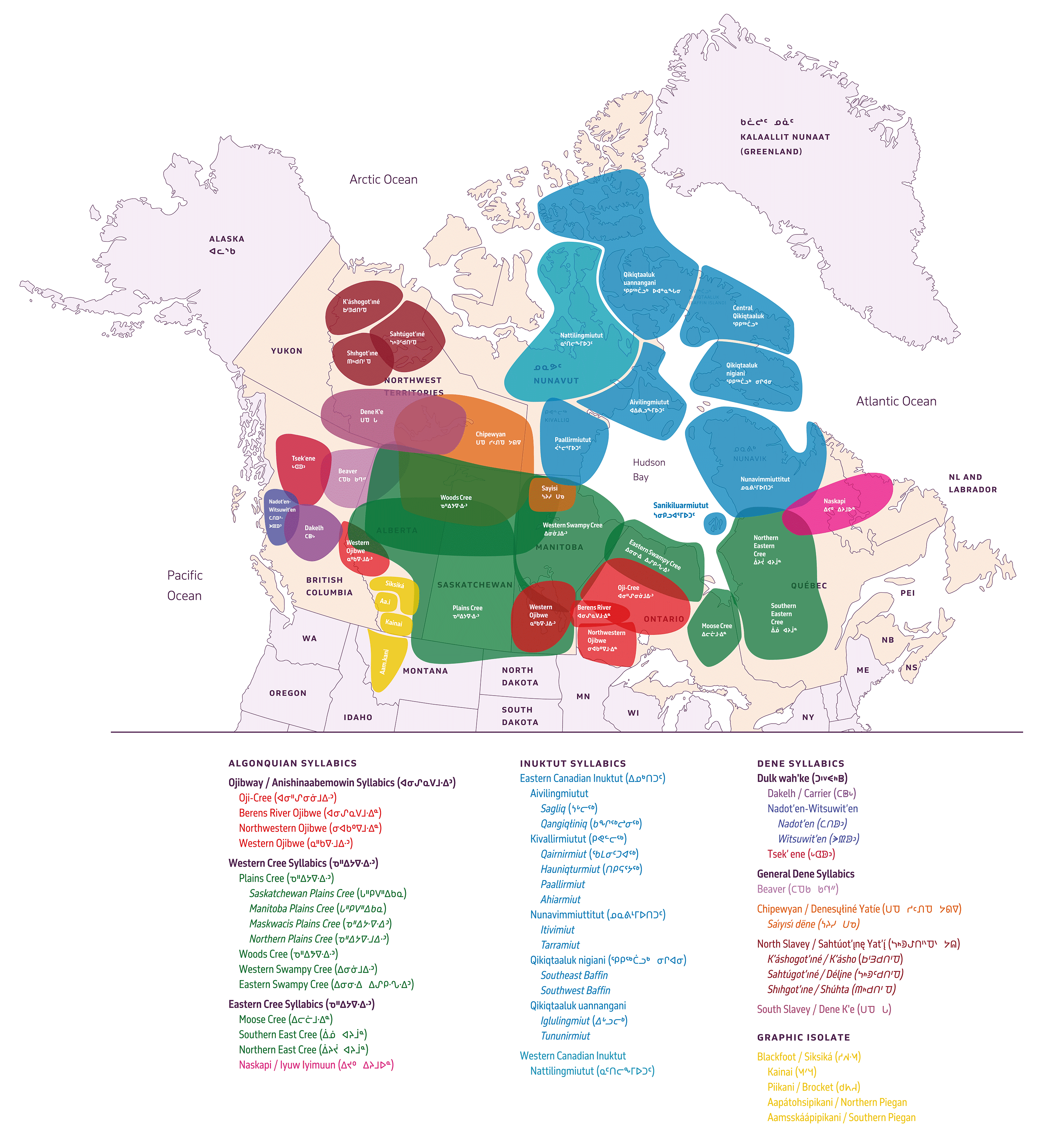 North Americal map of languages that use Syllabics writing script